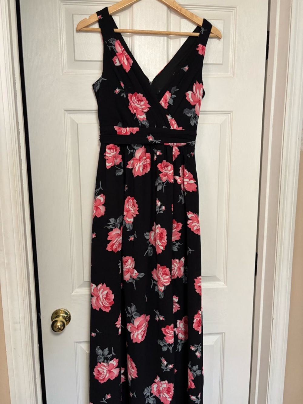 Floral V-Neck Black Dress with Pink Rose Print